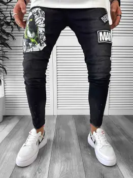 Blugi barbati conici negri cu stikere 1288 imagine