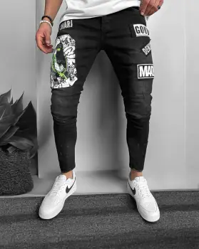 Blugi barbati conici negri cu stikere 1288 imagine