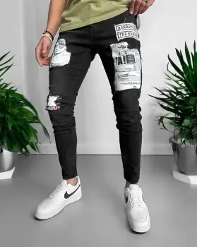 Blugi barbati conici negri cu stikere 1425 imagine