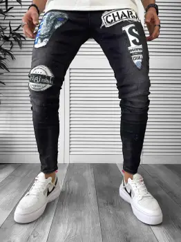 Blugi barbati conici negri cu stikere 1442 imagine