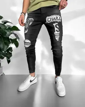 Blugi barbati conici negri cu stikere 1442 imagine