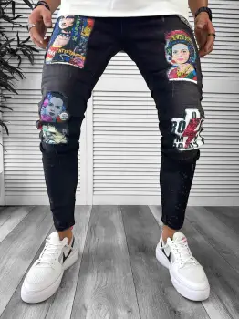 Blugi barbati conici negri cu stikere 1452 imagine