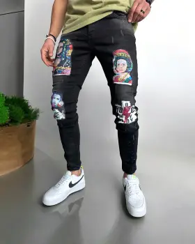 Blugi barbati conici negri cu stikere 1452 imagine