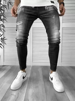 Blugi barbati conici negri + lant cadou 5799 imagine