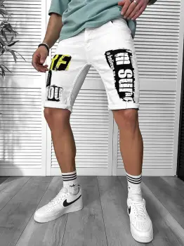 Blugi barbati scurti conici albi  cu stikere  4061 H6-5 imagine