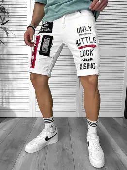 Blugi barbati scurti conici albi  cu stikere  4062 H3-3 imagine