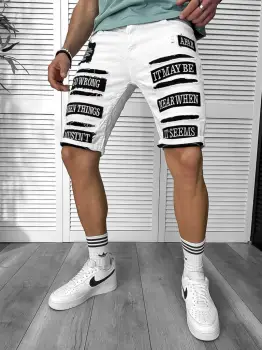 Blugi barbati scurti conici albi  cu stikere  4064 imagine