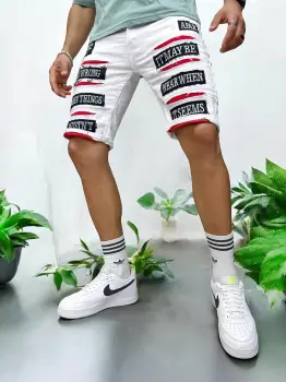 Blugi barbati scurti conici albi  cu stikere  4603 imagine