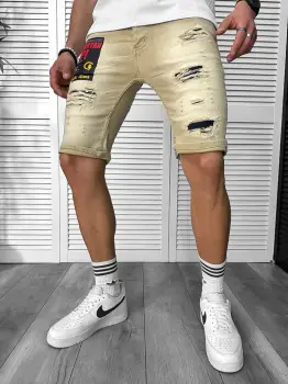 Blugi barbati scurti conici bej  cu stikere 7044 H6-4 imagine