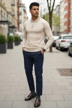 Bluza barbati bej slim fit S1212 imagine