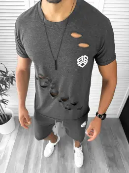 Compleu barbati tricou+pantaloni gri inchis 12775 imagine