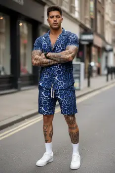 Compleu de vara camasa cu imprimeu + pantaloni animal print albastru P7 imagine