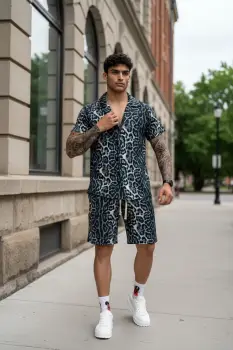 Compleu de vara camasa cu imprimeu + pantaloni animal print gri P7 82-4.2 imagine