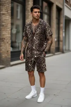 Compleu de vara camasa cu imprimeu + pantaloni animal print maro P7 imagine