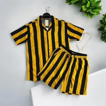 Compleu de vara camasa cu imprimeu + pantaloni galben 13276 imagine