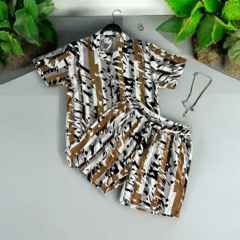 Compleu de vara camasa cu imprimeu + pantaloni maro 13275 imagine