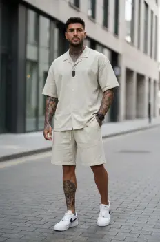 Compleu de vara camasa oversize + pantaloni bej 2506 imagine