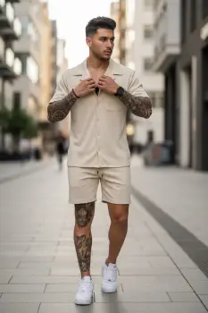 Compleu de vara camasa + pantaloni bej 3178 imagine
