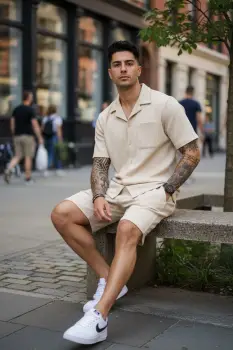 Compleu de vara camasa + pantaloni bej 3179 imagine