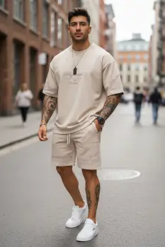 Compleu de vara tricou oversize + pantaloni bej 2513 imagine