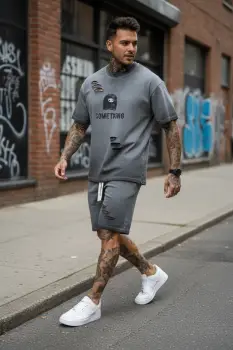 Compleu de vara tricou oversize + pantaloni gri 208 imagine