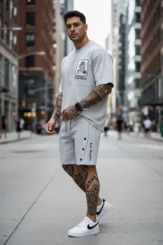 Compleu de vara tricou + pantaloni gri  imprimeu pe spate 029 44-4.1 imagine