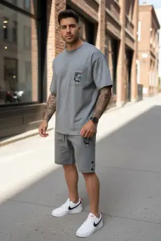 Compleu de vara tricou + pantaloni gri  imprimeu pe spate  031 39-5 imagine