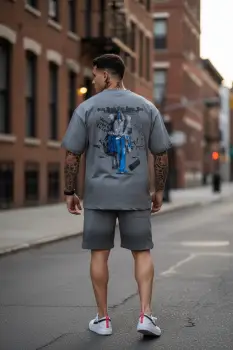 Compleu de vara tricou + pantaloni gri  imprimeu pe spate 033 56-2 imagine