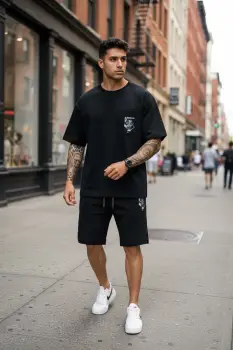 Compleu de vara tricou + pantaloni negru  imprimeu pe spate  031 40-5 imagine