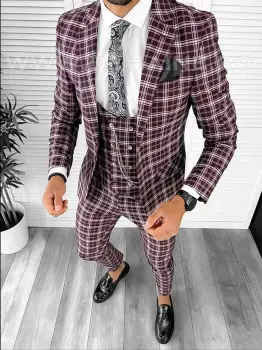 Costum barbati slim fit grena in carouri (SACOU + PANTALONI) 7916  O3-4.3 imagine