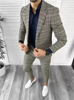 Costum barbati slim fit in carouri sacou + pantaloni 10268 imagine