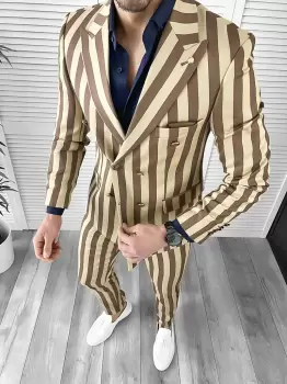 Costum barbati slim fit in carouri sacou + pantaloni bej 1047 imagine