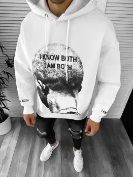 Hanorac barbati alb cu imprimeu slim fit k198 imagine