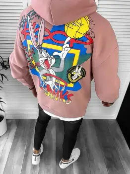 Hanorac barbati roz cu imprimeu pe spate slim fit k138 imagine