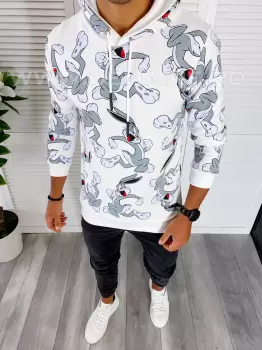 Hanorac barbati slim fit alb cu imprimeu K247 Y12-4 imagine