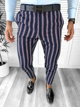 Pantaloni barbati eleganti bleumarin cu dungi B1603 15-4 e ~ imagine