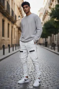 Pantaloni de trening cargo  alb  conici Y103 imagine