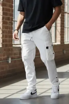 Pantaloni de trening cargo  albi  conici Y239 imagine