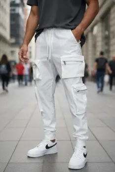 Pantaloni de trening cargo  albi  conici Y308 P20-4.1 imagine