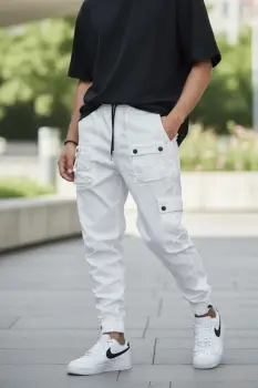 Pantaloni de trening cargo  albi  conici Y310 imagine