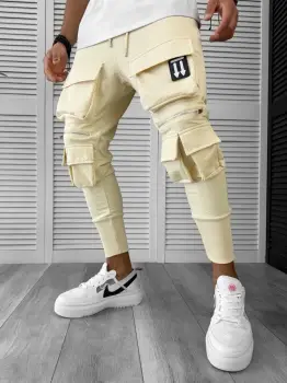 Pantaloni de trening cargo bej conici Y090 17-4 imagine