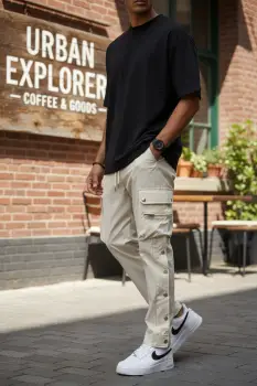 Pantaloni de trening cargo  bej  conici Y142 imagine