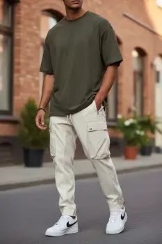 Pantaloni de trening cargo  bej  conici Y196 imagine