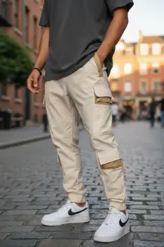 Pantaloni de trening cargo  bej  conici Y201 imagine