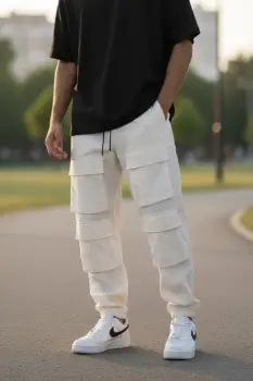 Pantaloni de trening cargo  bej  conici Y239 imagine