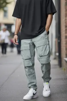 Pantaloni de trening cargo  kaki  conici Y239 imagine