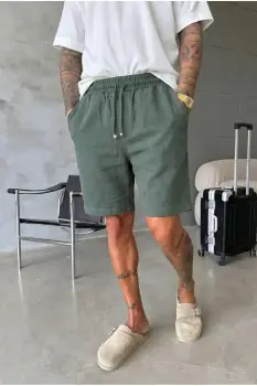 Pantaloni scurti din in  lejeri  kaki BG8005 imagine