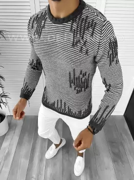 Pulover barbati gros gri slim fit T3636 imagine