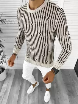 Pulover barbati gros slim fit bej T3575 80-5 imagine