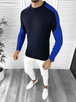 Pulover barbati gros slim fit bleumarin T3594 U6-1 imagine
